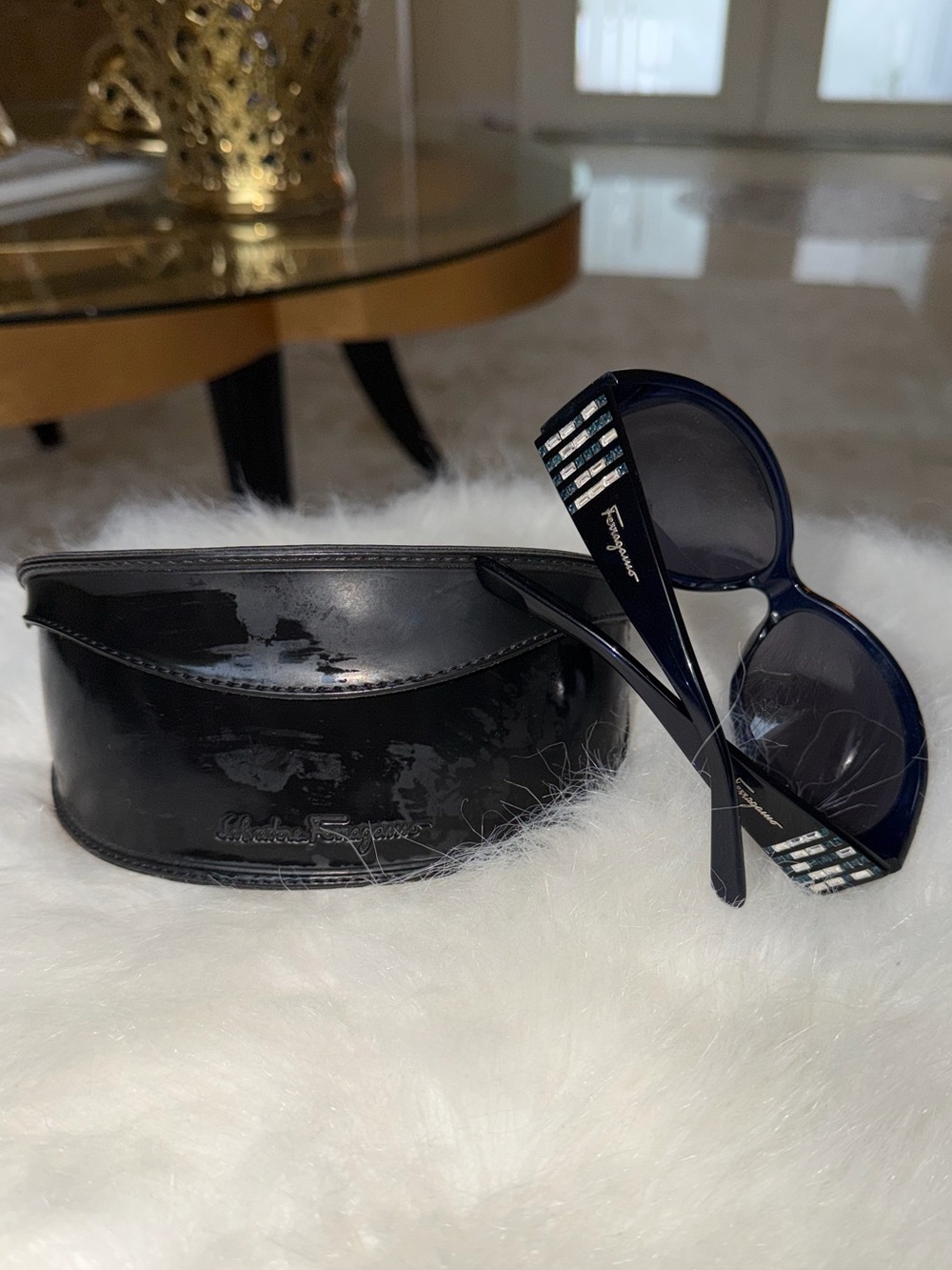 Salvatore Ferragamo Dark Blue Crystal-Trim Sunglasses